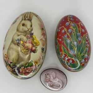 Vintage Easter‎ Egg Tin Metal Candy Boxes Set 3 Bunny Floral Lily of the Valley